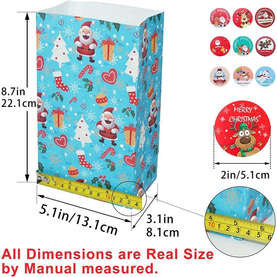 30 Stück Papiertüten Geschenktüten, Süßigkeitentüten Kraftpapier mit 2 Weihnachten Designs und 30 PCS Aufklebern für Geburtstage, Hochzeiten und mehr