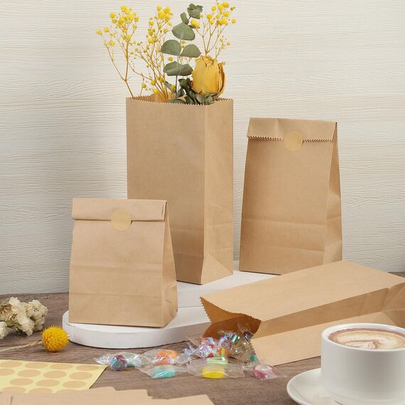 100 Stück Papiertüten Klein Braun, Kraftpapier Tüten mit Aufkleber DIY Süßigkeitentüten Butterbrottüten Samentütchen Geschenktüten für Ramadan Hochzeit Geburtstag Valentinstag Ostern
