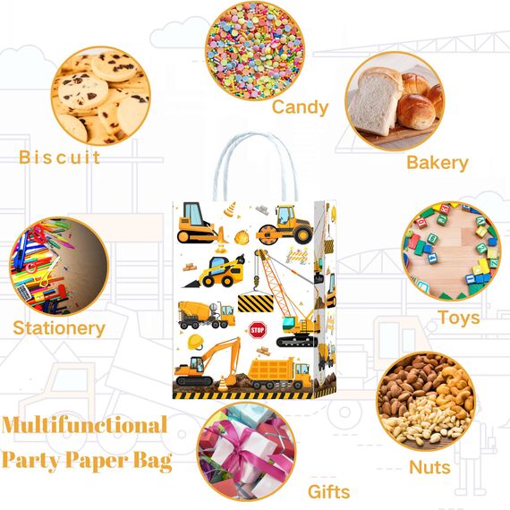 10 Stück Baustelle Geschenktüten,Baustelle Party Taschen,Bagger Mitgebsel Tüten Papiertüten mit Henkel,Bagger Geburtstag Geschenktaschen,Baustellen Papier Gastgeschenke Tüten Mitgebseltüten