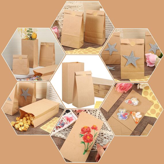 200 Stück Papiertüten Klein, 18x9x5,5 cm Geschenktüten Klein Braun Kraftpapier Tüten Butterbrottüten Mitgebseltüten mit Aufkleber Hochzeit Ramadan Geburtstag Valentinstag Ostern
