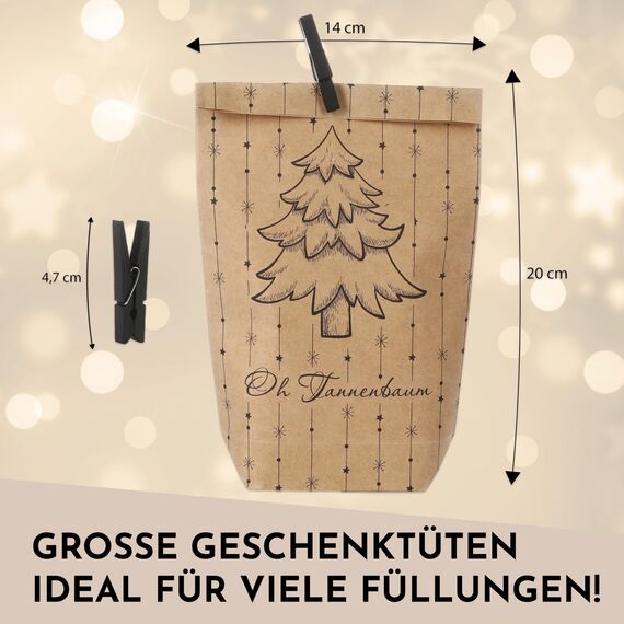 Nordstern Adventskalender zum Befüllen - Geschenktüten Set mit 24 Tüten, Mini Wäscheklammern und Zahlen Aufklebern zum Basteln für Kinder, Frau und Mann