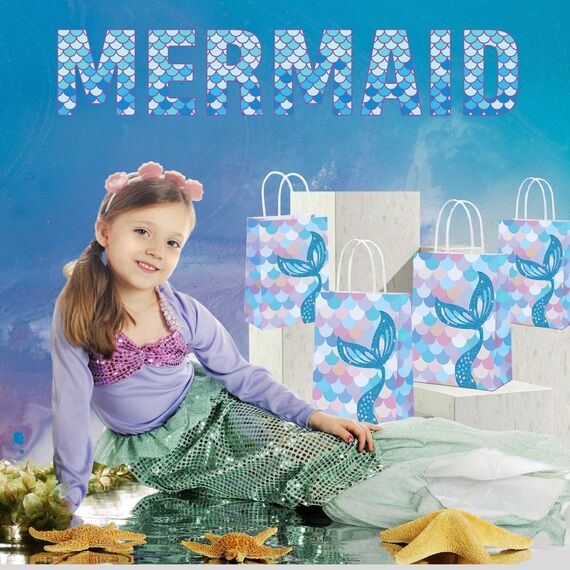 10 Stück Meerjungfrau Geschenktüten Papier,Meerjungfrau Party Taschen mit Henkel,Geschenktüten Bunt für Kindergeburtstag Mädchen,Gastgeschenke Tüten Papiertüten Partytüten Candy Tüten