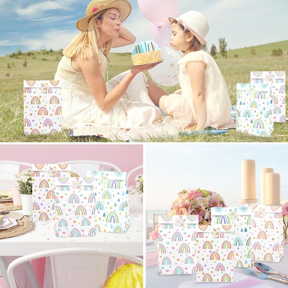 18 Stück Geschenktüten Kindergeburtstag, Regenbogen Mitgebsel Tüten mit 30 Aufkleber, Papiertüten Kindergeburtstag, Geburtstagstüten Kinder, Geschenktüten für Kindergeburtstag, Hochzeit, Party