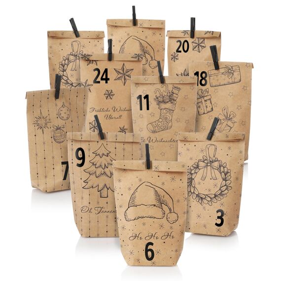 Nordstern Adventskalender zum Befüllen - Geschenktüten Set mit 24 Tüten, Mini Wäscheklammern und Zahlen Aufklebern zum Basteln für Kinder, Frau und Mann
