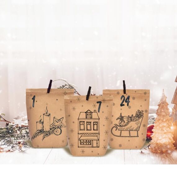KOHMUI Adventskalender zum Befüllen, 24 Weihnachtskalender Papiertüten zum Selber Basteln, DIY Geschenktüten zum selbst füllen, Kraftpapiertüten Advents Tüten Selbstbefüllen für Kinder & Erwachsene