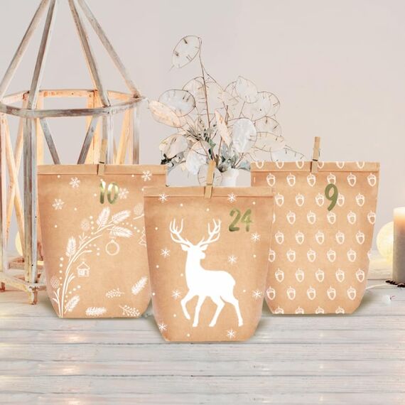 KOHMUI Adventskalender zum Befüllen, 24 Weihnachtskalender Papiertüten zum Selber Basteln, DIY Geschenktüten zum selbst füllen, Kraftpapiertüten Advents Tüten Selbstbefüllen für Kinder & Erwachsene