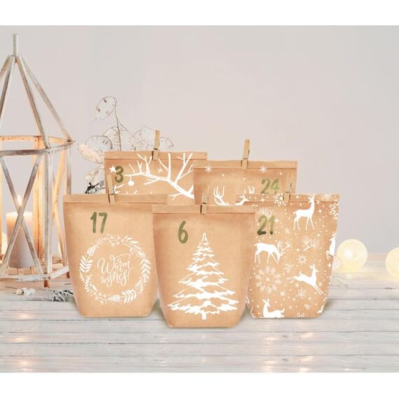 KOHMUI Adventskalender zum Befüllen, 24 Weihnachtskalender Papiertüten zum Selber Basteln, DIY Geschenktüten zum selbst füllen, Kraftpapiertüten Advents Tüten Selbstbefüllen für Kinder & Erwachsene
