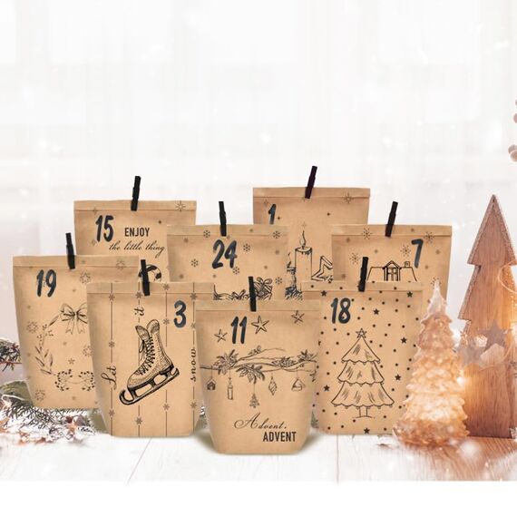 KOHMUI Adventskalender zum Befüllen, 24 Weihnachtskalender Papiertüten zum Selber Basteln, DIY Geschenktüten zum selbst füllen, Kraftpapiertüten Advents Tüten Selbstbefüllen für Kinder & Erwachsene