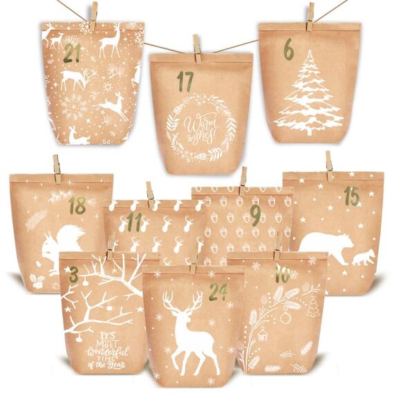 KOHMUI Adventskalender zum Befüllen, 24 Weihnachtskalender Papiertüten zum Selber Basteln, DIY Geschenktüten zum selbst füllen, Kraftpapiertüten Advents Tüten Selbstbefüllen für Kinder & Erwachsene