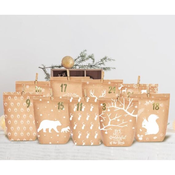 KOHMUI Adventskalender zum Befüllen, 24 Weihnachtskalender Papiertüten zum Selber Basteln, DIY Geschenktüten zum selbst füllen, Kraftpapiertüten Advents Tüten Selbstbefüllen für Kinder & Erwachsene