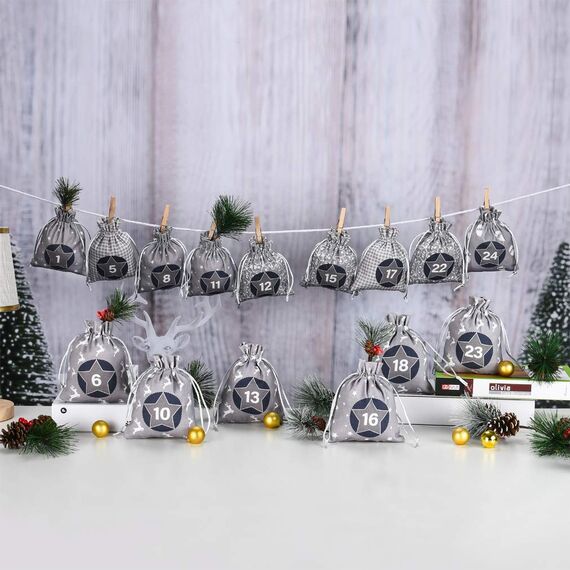 KOHMUI Adventskalender zum Befüllen, Weihnachtskalender Selbstbefüllen Aufhängen, 24 Grau Stoffsäckchen Selbst Befüllen Bastelset, Weihnachten Geschenksäckchen, Hochwertige Geschenktüte aus Baumwolle