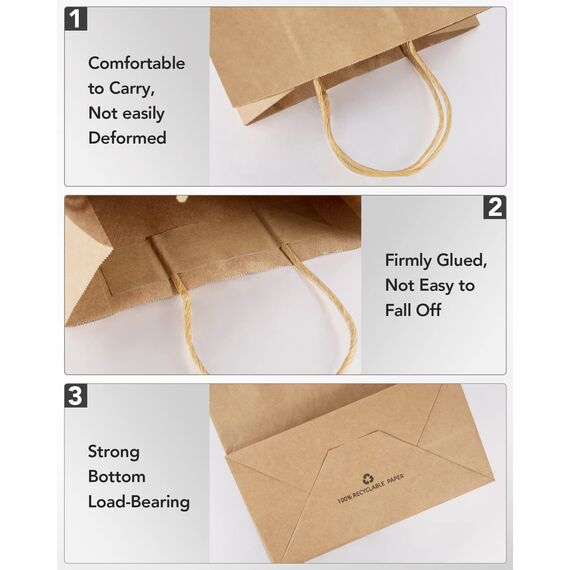 BESCOST Papiertüten, 40 Stück Geschenktüten, Kraftpapiertüten mit Henkel, 21 x 27 x 11cm, Geschenktüten für Einkaufen, Verpackungen, 130 g/m², Braun