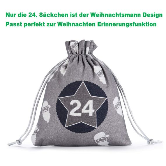 KOHMUI Adventskalender zum Befüllen, Weihnachtskalender Selbstbefüllen Aufhängen, 24 Grau Stoffsäckchen Selbst Befüllen Bastelset, Weihnachten Geschenksäckchen, Hochwertige Geschenktüte aus Baumwolle