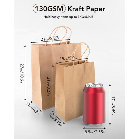 BESCOST Papiertüten, 40 Stück Geschenktüten, Kraftpapiertüten mit Henkel, 21 x 27 x 11cm, Geschenktüten für Einkaufen, Verpackungen, 130 g/m², Braun