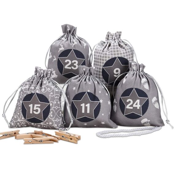 KOHMUI Adventskalender zum Befüllen, Weihnachtskalender Selbstbefüllen Aufhängen, 24 Grau Stoffsäckchen Selbst Befüllen Bastelset, Weihnachten Geschenksäckchen, Hochwertige Geschenktüte aus Baumwolle