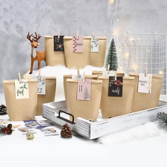 KOHMUI Adventskalender zum Befüllen, 24 Weihnachtskalender Kraftpapiertüten zum Selber Befüllen, Advents Tüten Selbstbefüllen mit 24 Zahlen Karten