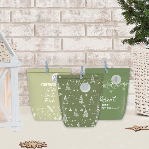 KOHMUI Adventskalender zum Befüllen, 24 Weihnachtskalender Papiertüten zum Selber Basteln, Geschenktüten zum Selbstbefüllen, Sanften Grüntönen