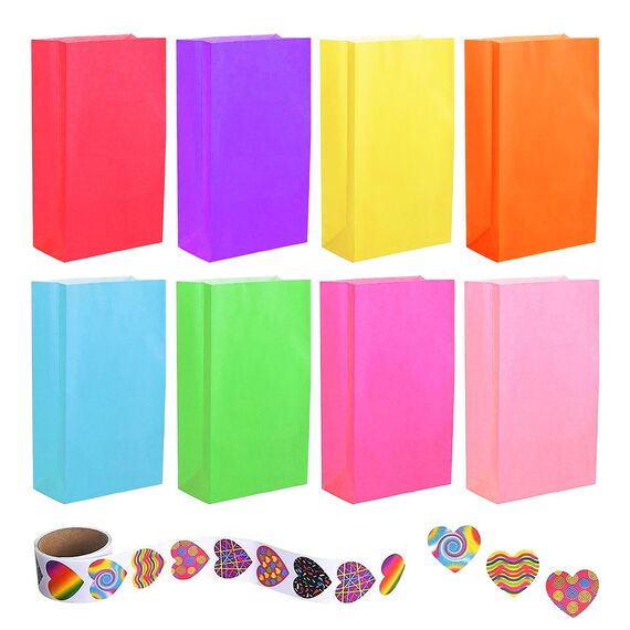 flintronic 50 Stück Papiertüten Geschenkverpackung, 13 * 8 * 24cm Bunte Geschenktüten Kindergeburtstag Mitgebsel mit 120 Aufkleber Eschenktüten, Papiertüten, Mitgebseltüten, Guten Geschenktüten Set