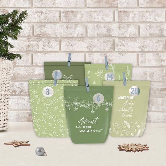 KOHMUI Adventskalender zum Befüllen, 24 Weihnachtskalender Papiertüten zum Selber Basteln, Geschenktüten zum Selbstbefüllen, Sanften Grüntönen