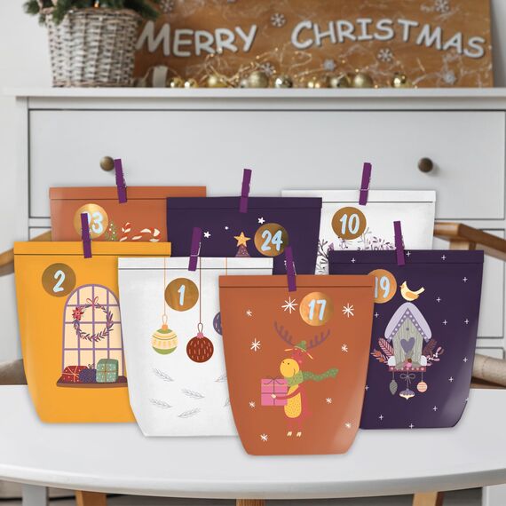 KOHMUI Adventskalender zum Befüllen, 24 DIY Weihnachtskalender Geschenk Papiertüten zum Selber Basteln, Kraftpapiertüten mit Zahlen Aufkleber zum Selbstbefüllen