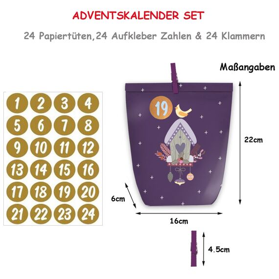 KOHMUI Adventskalender zum Befüllen, 24 DIY Weihnachtskalender Geschenk Papiertüten zum Selber Basteln, Kraftpapiertüten mit Zahlen Aufkleber zum Selbstbefüllen
