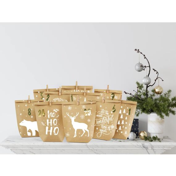 Adventskalender Tüten zum Befüllen, Weihnachtskalender Papiertüten zum Selber Basteln, DIY Advents Kraftpapiertüten Selbstbefüllen zum selbst füllen, 24 Bedruckte Geschenktüten für Kinder Erwachsene