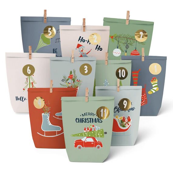 Adventskalender Tüten zum Befüllen, Papiertüten zum Selber Basteln, DIY Advents Kraftpapiertüten Selbstbefüllen zum selbst füllen, 24 Bedruckte Geschenktüten für Kinder (Winter bunt1)
