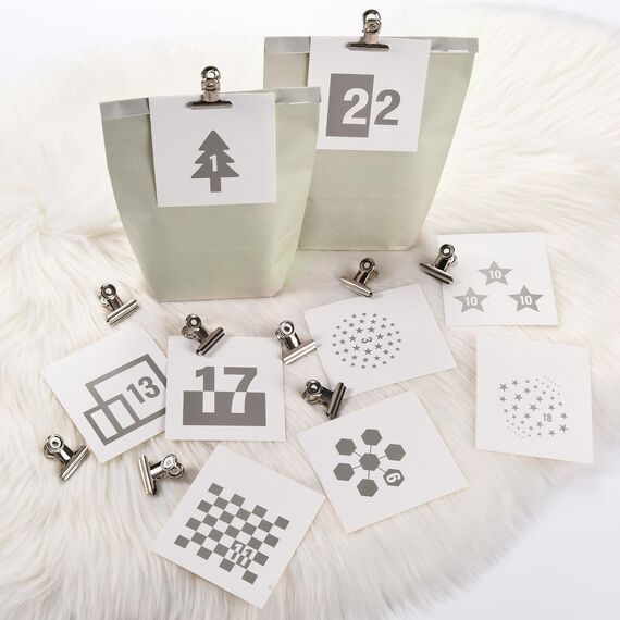 KOHMUI Adventskalender zum Befüllen, 24 Weihnachtskalender Papiertüten zum Selbst Füllen, Zahlen Etiketten mit Geometrische Formen, Geschenktüten zum Selber Basteln