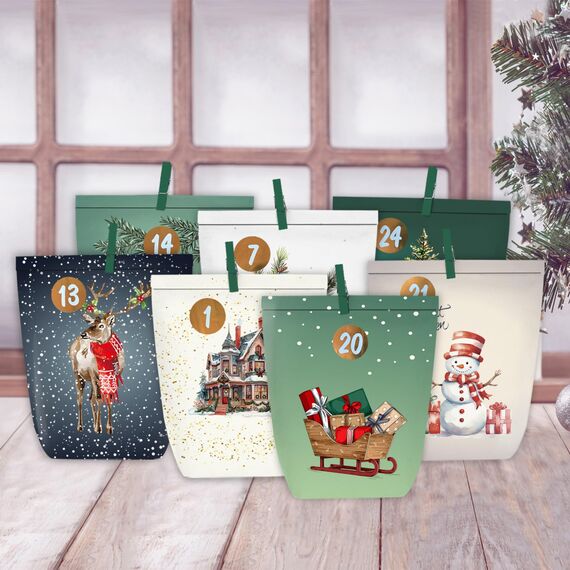KOHMUI Adventskalender zum Befüllen, 24 Weihnachtskalender zum Selber Basteln, Adventstüten Papiertüten mit Zahlen Aufkleber zum Selbstbefüllen
