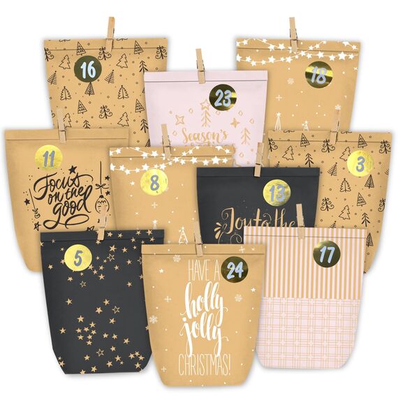 KOHMUI Adventskalender zum Befüllen, 24 Weihnachtskalender Papiertüten mit Zahlen Aufkleber zum Selber Basteln, Geschenktüten Advents Bastelset für Kinder und Erwachsene