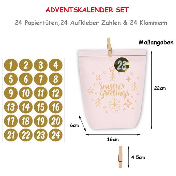 KOHMUI Adventskalender zum Befüllen, 24 Weihnachtskalender Papiertüten mit Zahlen Aufkleber zum Selber Basteln, Geschenktüten Advents Bastelset für Kinder und Erwachsene