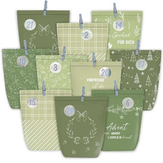 KOHMUI Adventskalender zum Befüllen, 24 Weihnachtskalender Papiertüten zum Selber Basteln, Geschenktüten zum Selbstbefüllen, Sanften Grüntönen