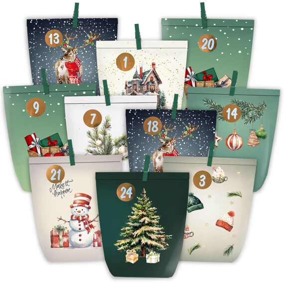 KOHMUI Adventskalender zum Befüllen, 24 Weihnachtskalender zum Selber Basteln, Adventstüten Papiertüten mit Zahlen Aufkleber zum Selbstbefüllen
