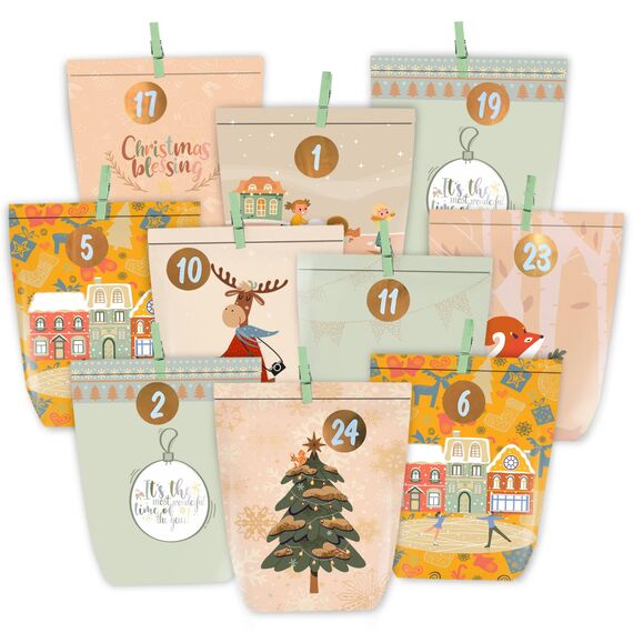 KOHMUI Adventskalender zum Befüllen, 24 Weihnachtskalender Papiertüten zum Selbstbefüllen, Adventstüten mit Zahlen Aufkleber zum Selber Basteln