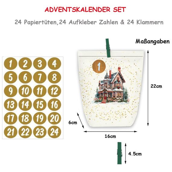 KOHMUI Adventskalender zum Befüllen, 24 Weihnachtskalender zum Selber Basteln, Adventstüten Papiertüten mit Zahlen Aufkleber zum Selbstbefüllen