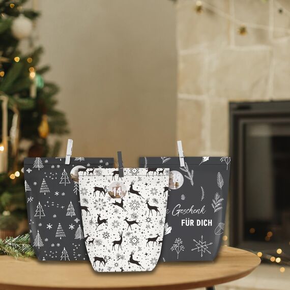 KOHMUI Adventskalender zum Befüllen, 24 Weihnachtskalender Papiertüten zum Selbst Gestalten, Geschenktüten zum Selber Basteln, Elegantem Schwarz und Weiss