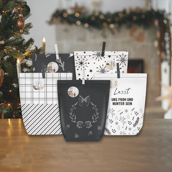 KOHMUI Adventskalender zum Befüllen, 24 Weihnachtskalender Papiertüten zum Selbst Gestalten, Geschenktüten zum Selber Basteln, Elegantem Schwarz und Weiss