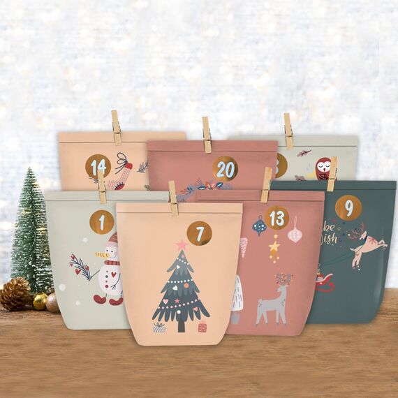 KOHMUI Adventskalender zum Befüllen, 24 Weihnachtstüten zum Selbst Basteln, Weihnachtskalender Papiertüten mit 1-24 Zahlensticker zum Selber Füllen