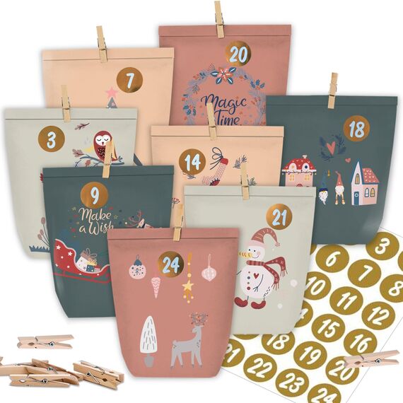 KOHMUI Adventskalender zum Befüllen, 24 Weihnachtstüten zum Selbst Basteln, Weihnachtskalender Papiertüten mit 1-24 Zahlensticker zum Selber Füllen