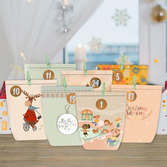 KOHMUI Adventskalender zum Befüllen, 24 Weihnachtskalender Papiertüten zum Selbstbefüllen, Adventstüten mit Zahlen Aufkleber zum Selber Basteln
