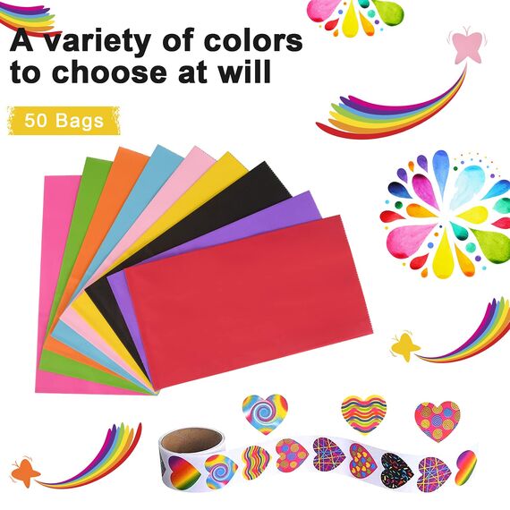 flintronic 50 Stück Papiertüten Geschenkverpackung, 13 * 8 * 24cm Bunte Geschenktüten Kindergeburtstag Mitgebsel mit 120 Aufkleber Eschenktüten, Papiertüten, Mitgebseltüten, Guten Geschenktüten Set