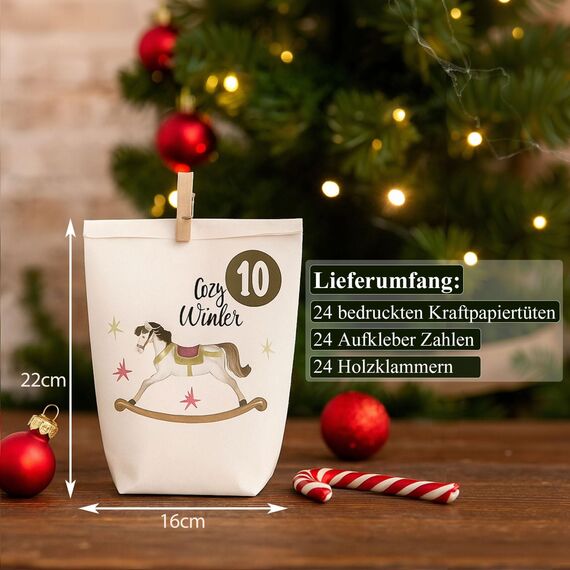 Adventskalender Tüten zum Befüllen, Weihnachtskalender Papiertüten, DIY Advents Kraftpapiertüten Selbstbefüllen zum selbst füllen, 24 Bedruckte Geschenktüten für Kinder (Winter bunt2)