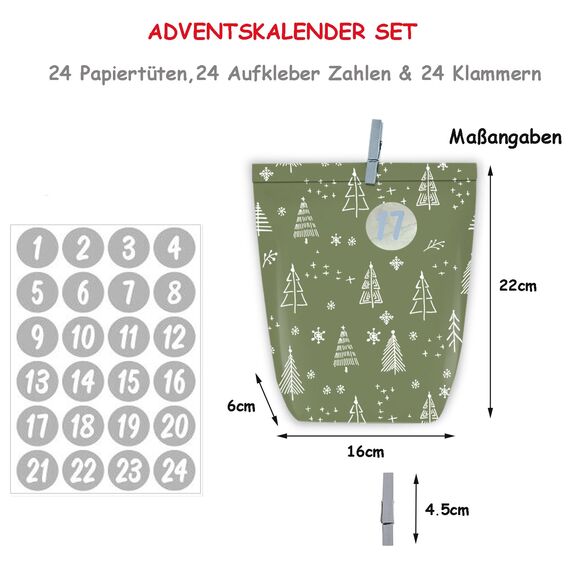 KOHMUI Adventskalender zum Befüllen, 24 Weihnachtskalender Papiertüten zum Selber Basteln, Geschenktüten zum Selbstbefüllen, Sanften Grüntönen