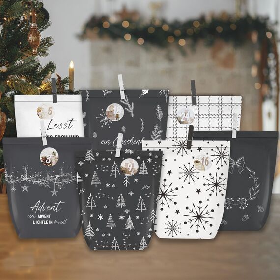 KOHMUI Adventskalender zum Befüllen, 24 Weihnachtskalender Papiertüten zum Selbst Gestalten, Geschenktüten zum Selber Basteln, Elegantem Schwarz und Weiss
