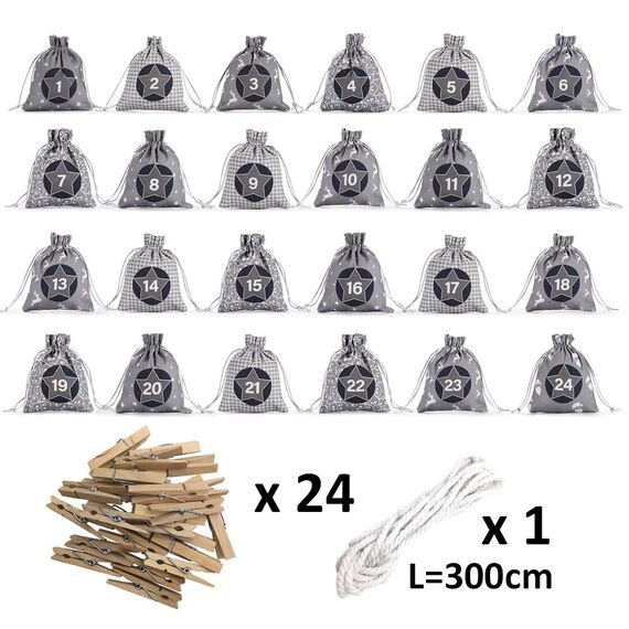 KOHMUI Adventskalender zum Befüllen, Weihnachtskalender Selbstbefüllen Aufhängen, 24 Grau Stoffsäckchen Selbst Befüllen Bastelset, Weihnachten Geschenksäckchen, Hochwertige Geschenktüte aus Baumwolle