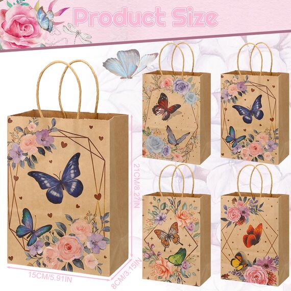 Xinstroe 12 Stück Papiertüten Kinder Geschenktüten Partytüten Papier Tüten zum Verpacken von Geschenken, Giveaways, Kindergeburtstag, Hochzeit, Party, Schmetterling Braun
