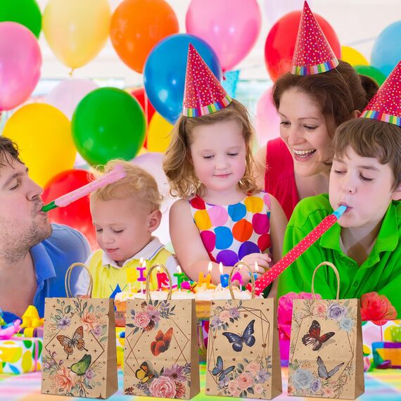 Xinstroe 12 Stück Papiertüten Kinder Geschenktüten Partytüten Papier Tüten zum Verpacken von Geschenken, Giveaways, Kindergeburtstag, Hochzeit, Party, Schmetterling Braun