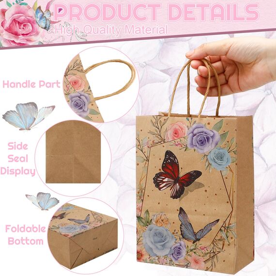 Xinstroe 12 Stück Papiertüten Kinder Geschenktüten Partytüten Papier Tüten zum Verpacken von Geschenken, Giveaways, Kindergeburtstag, Hochzeit, Party, Schmetterling Braun