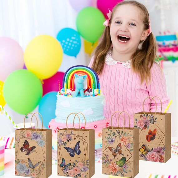 Xinstroe 12 Stück Papiertüten Kinder Geschenktüten Partytüten Papier Tüten zum Verpacken von Geschenken, Giveaways, Kindergeburtstag, Hochzeit, Party, Schmetterling Braun
