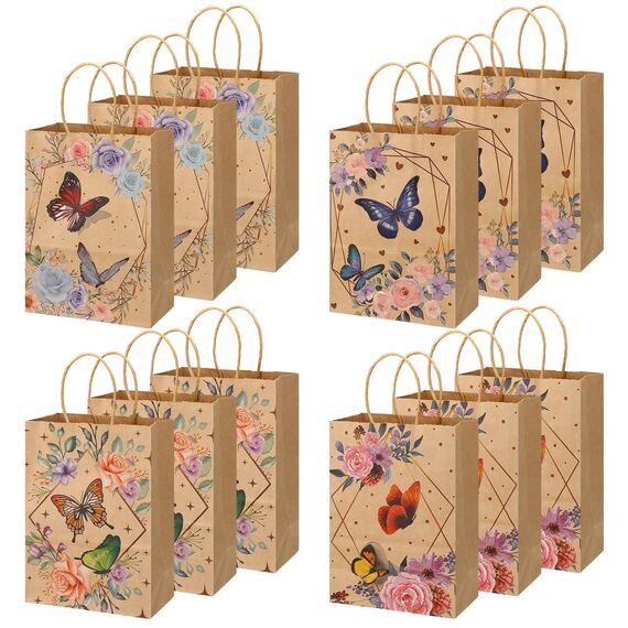Xinstroe 12 Stück Papiertüten Kinder Geschenktüten Partytüten Papier Tüten zum Verpacken von Geschenken, Giveaways, Kindergeburtstag, Hochzeit, Party, Schmetterling Braun